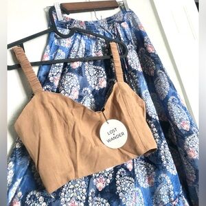 NWT SET Lost + Wander Tan Ruched-Strap Cropped & Chelsea & Theodore Maxi Skirt.